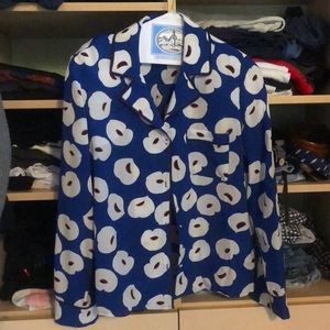 Blue with poppy print silk button down pajama blouse.